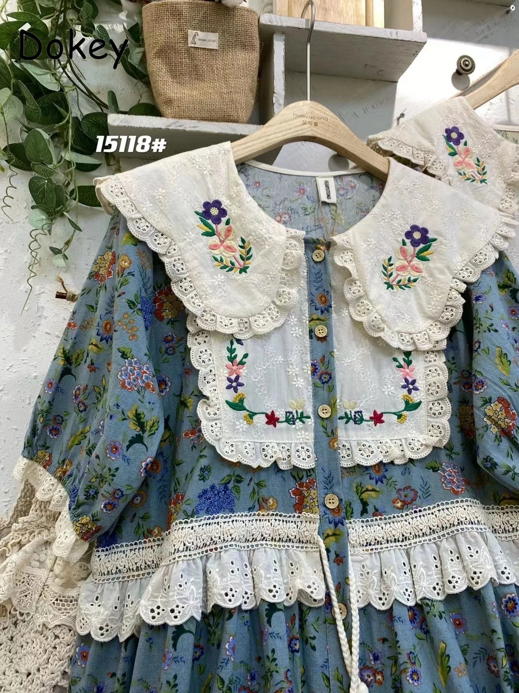 Vintage Embroidery Art Print Kawaii Dress Women Japanese Mori Girl Peter Pan Collar Patchwork Cotton Linen Dress Loose Vestidos