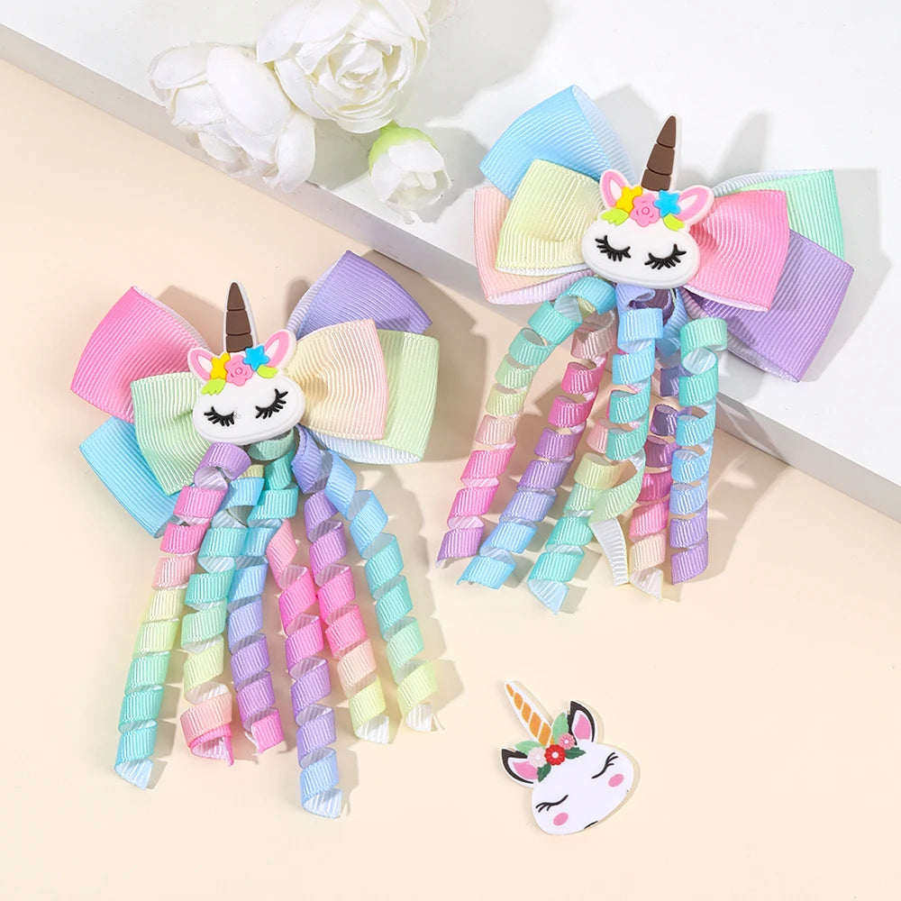 2Pcs Rainbow Unicorn Hair Clip Cute Curly Ribbon Tassel Magical Bow Hairpin For Kids Girls Party Daily Use Headwear Accessories
