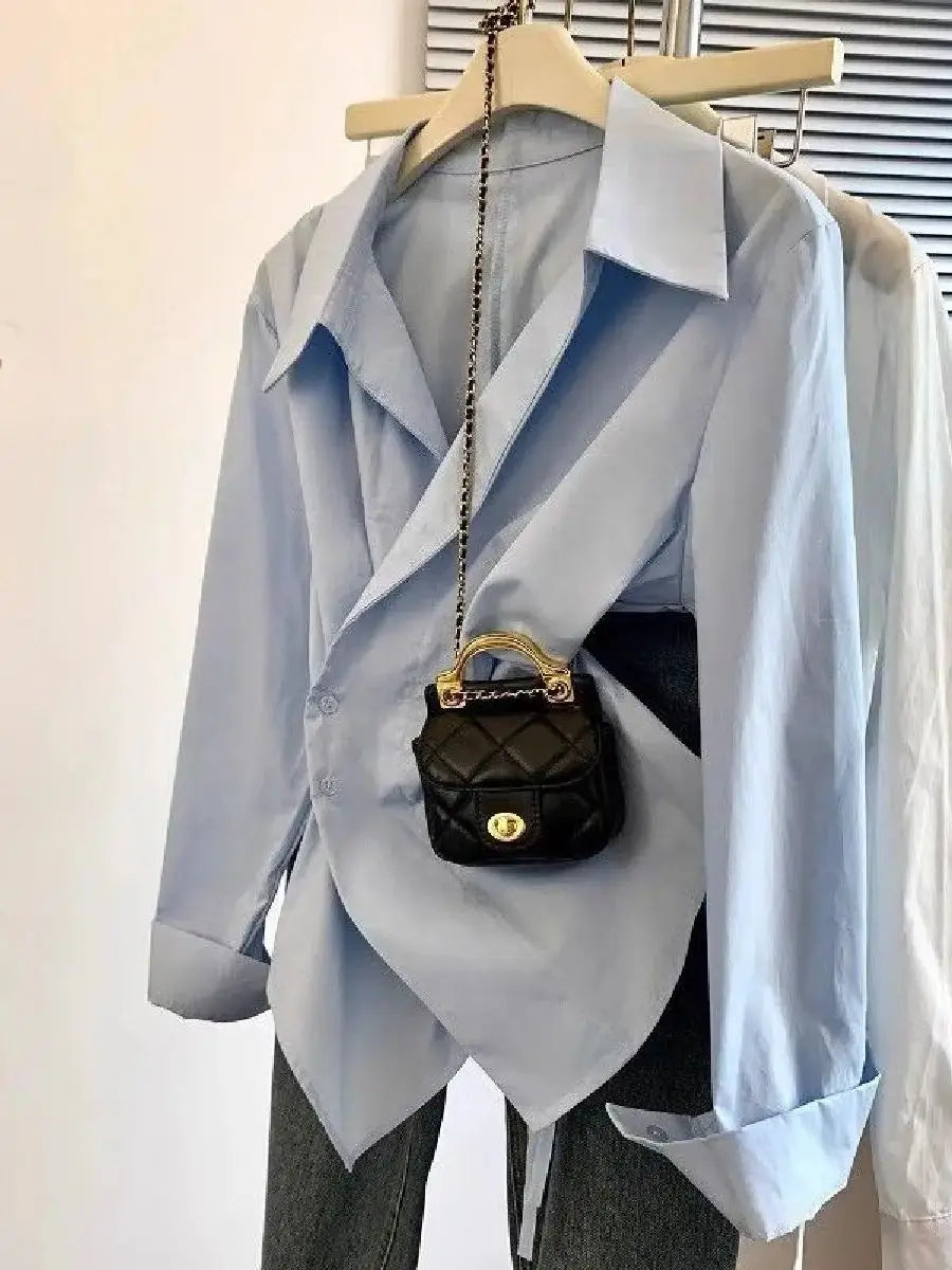 Designer Irregular Long sleeve Polo Shirt Women Tunic White Elegant Basic Top Blouse Ladies Fashion Work Wear Shirts