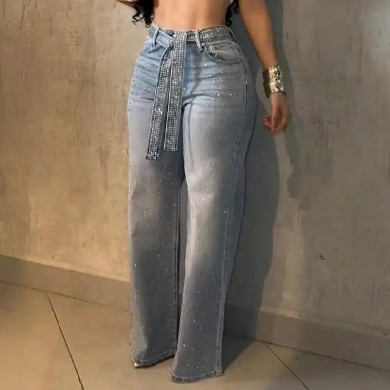 Women Jeans Denim Pant Vintage Wide Leg Long Pants High Waist Straight Trousers Y2k Streetwear Elegant Work Hot Drilling 2026