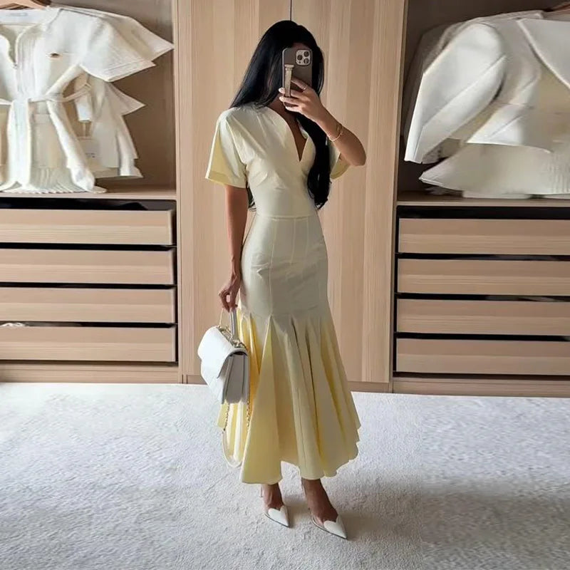 Elegant Solid Women's Dress V-Neck Short Sleeve Pleated Waist-Closed Hip Package Maxi Dresses 2026 Summer Female Vacation Robe