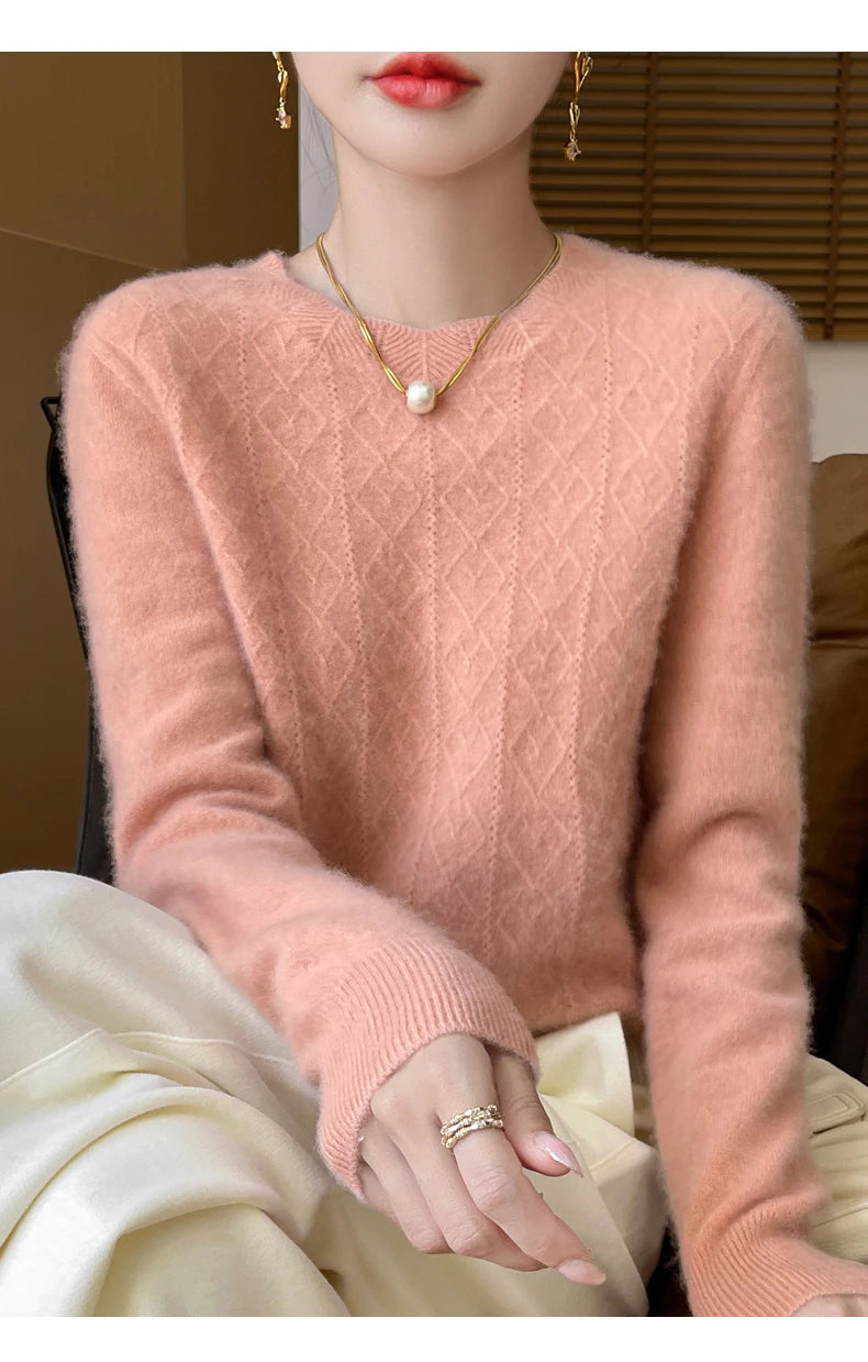 Fall/Winter 2024 New Women's Sweater 100% Pure Wool Lotus Collar Solid Color Loose Knitted Cashmere Pullover