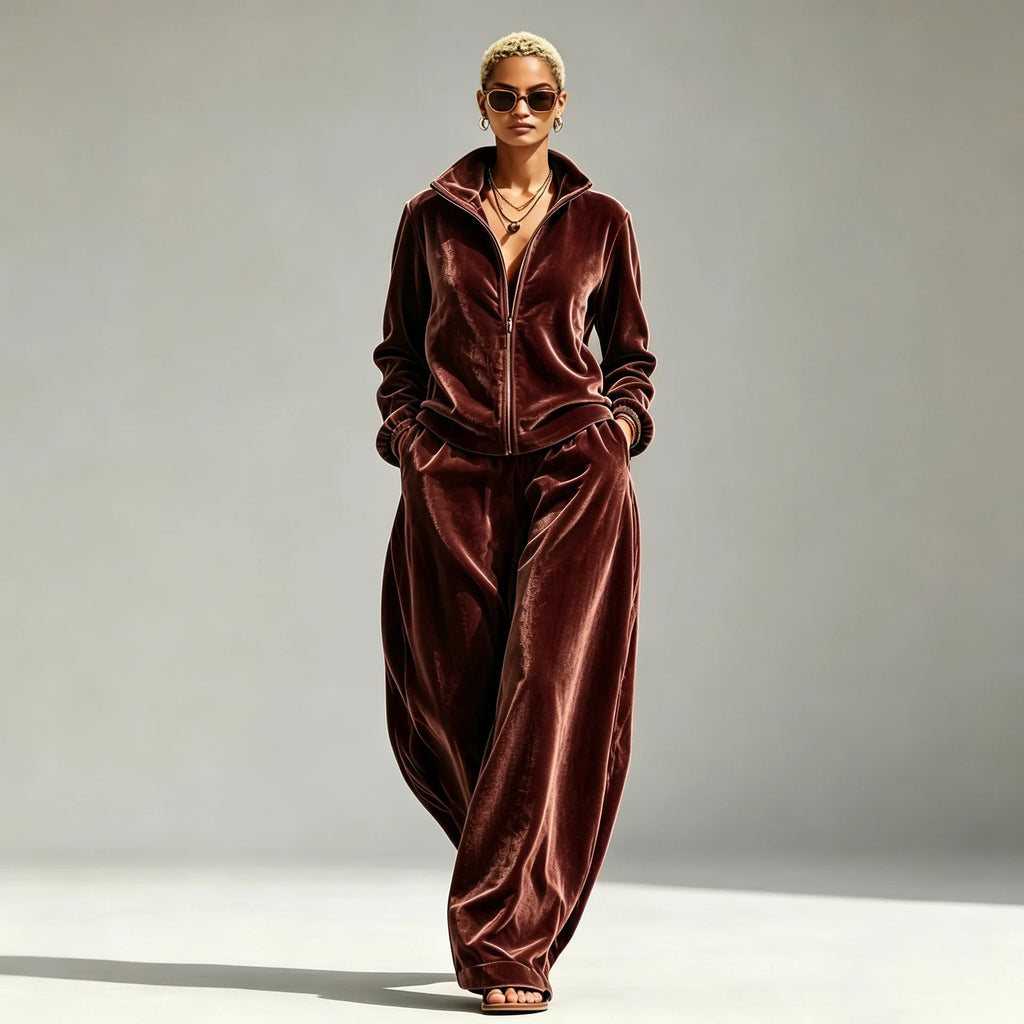 Autumn Winter Warm Gold Velvet Two Piece Set Women's Fashion Solid Zipper Open Coat With Wide Leg Pants Set Ladies Office Outfit