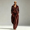 Autumn Winter Warm Gold Velvet Two Piece Set Women's Fashion Solid Zipper Open Coat With Wide Leg Pants Set Ladies Office Outfit