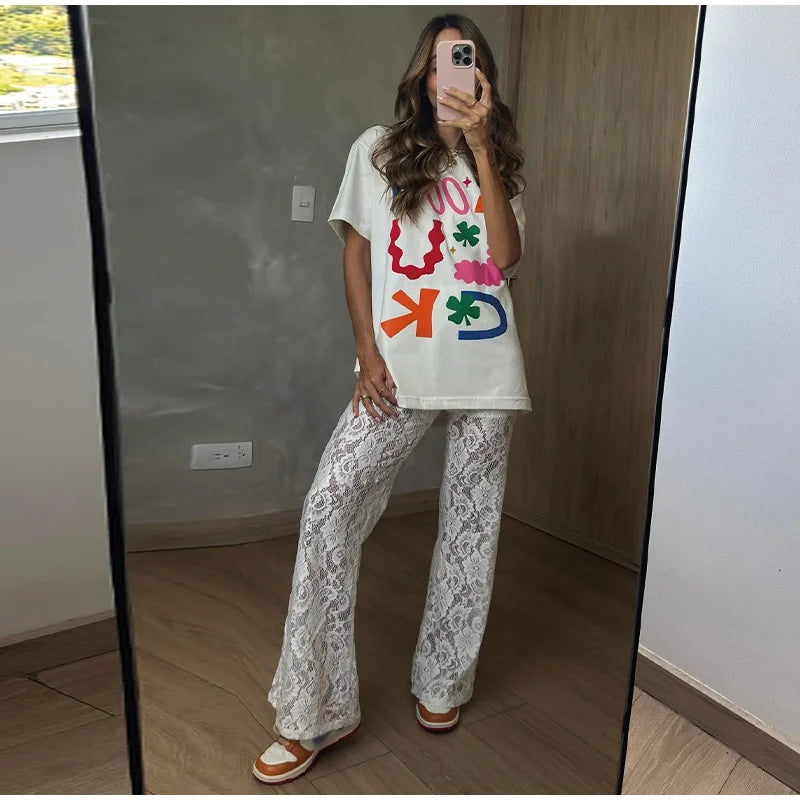 Sheer Floral Lace Tie Balloon Trousers High Waist 2026 Spring/Autumn Elegant Women Bottoms Fashion Chic Holiday Versatile Pants