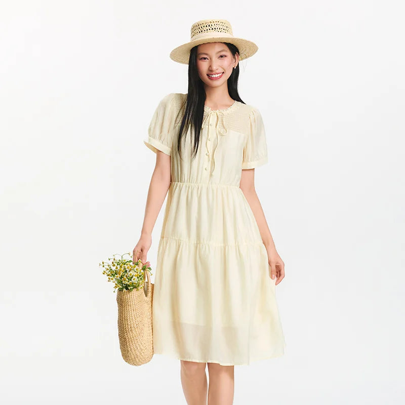 Semir Women Dress Puff Sleeve Lace Crew Neck Textured Midi French Elegant 2026 Summer Romantic Soft Comfy Daily Top