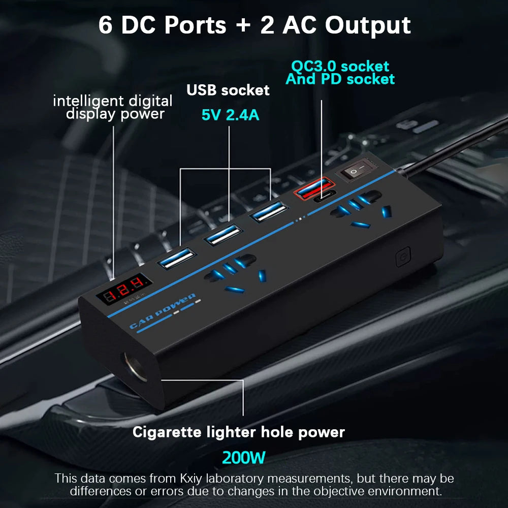 200W Inverter Storage Battery Converter DC 12V/24V To AC 110V/220V Splitter 8 Ports USB Chargers AC Power Socket Car Inverter