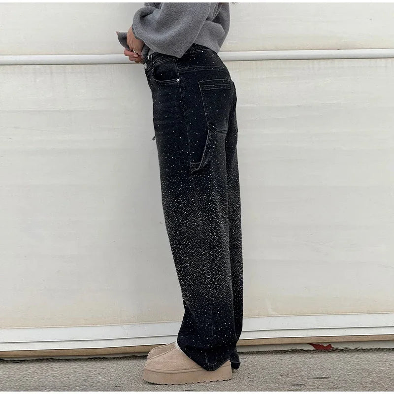 Shiny Rhinestone Baggy Women's Wide Leg Jeans Full Diamond Wide Leg Dragging Denim Pants Vintage Washed Pants Casual Trousers