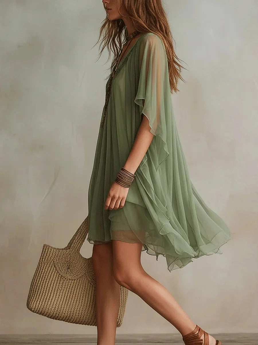 Summer 2026 Women V-neck Chiffon Dress Two-piece Set Spaghetti Strap Dress with Perspective Cover up Beach Skirt Beach Vacation