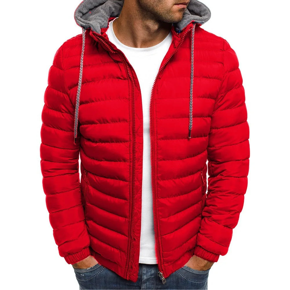New men's cotton padded parka coat for autumn and winter men's solid color warm hooded zipper hooded coat