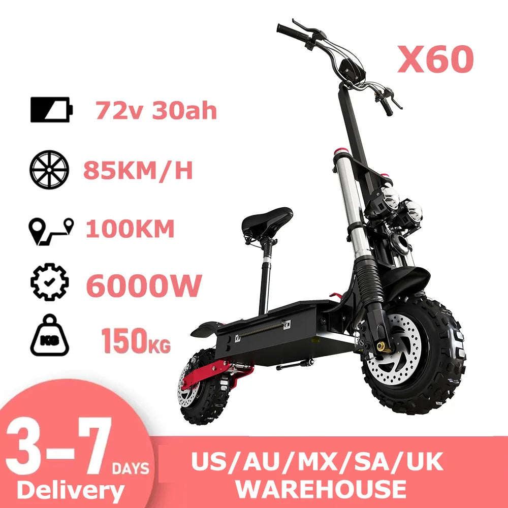 6000W High Power Dual Motor Electric Scooter Aluminum Alloy Folding Frame Off-Road Tire Dual Hydraulic Shock Adult E-Scooter