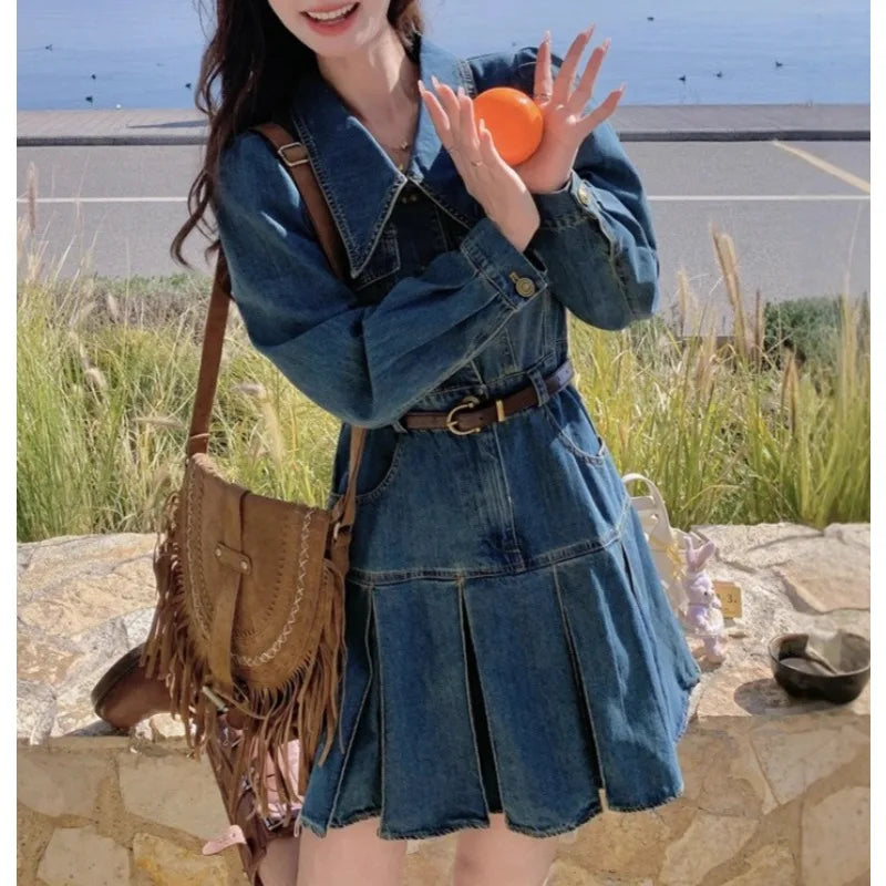 Denim Dress Women's 2026 Spring and Summer New High-end Sense, Unique Design Sense, Waist and Thin Long-sleeved Skirt