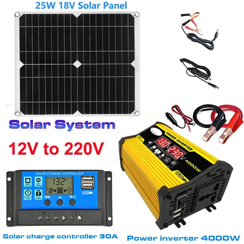 12V to 110V/220V Solar Power System 25W Solar Panel 30A Charge Controller 4000W Modified Sine Wave Inverter Power Generation Kit
