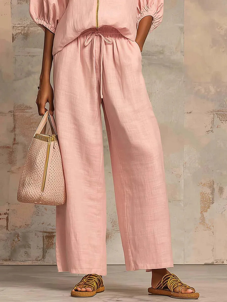 Women Solid 2 Piece Set Chic Laple Zipper Puff Sleeve Top + Wide Leg Pants Outfit Casual Matching Set for Vacation Daily Wear
