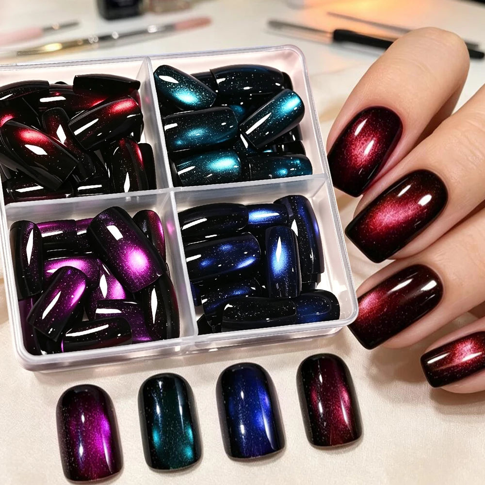 96pcs/box Short Square Cat Eye Press On Nails 4colors Glossy Glitter Cat Eye French Fake Nails Full Cover Acrylic Fake Nails Y2K
