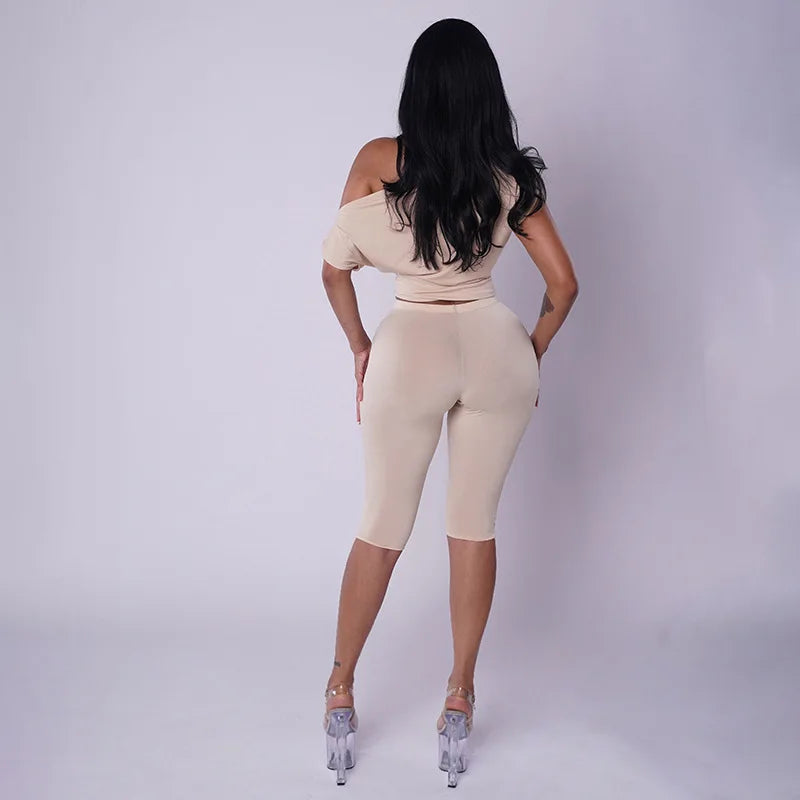 One Shoulder Solid 2 Piece Set Women Summer Short Sleeve Crop Top Shirt Pant Matching Sets Beach Vacation Outfit Streetwear Gift