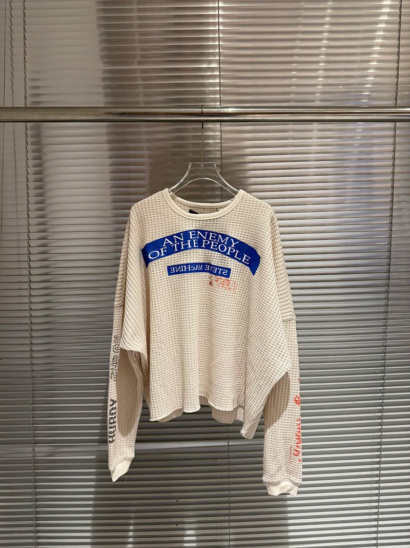 Streetwear Paly Waffle Long Sleeve T Shirt Men Woman High Quality Loose Casual Fashion All-match Crewneck New Top