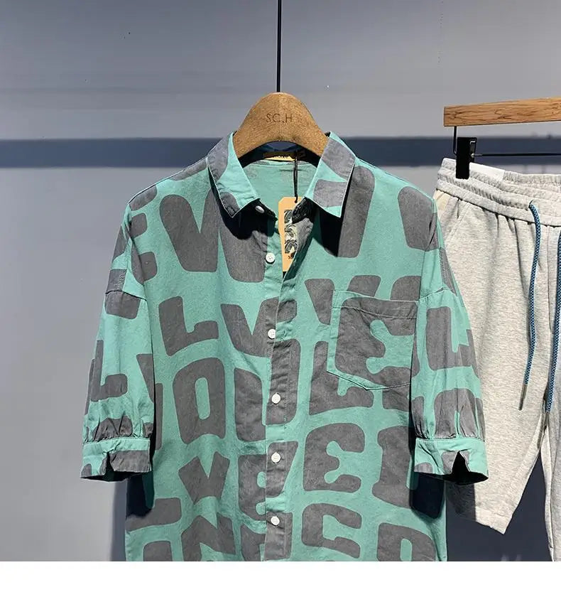 2024 Summer Trendy Men's Fashionable Lapel Full Body Letter Print High-end Versatile Casual Loose Oversized Short Sleeved Shirt