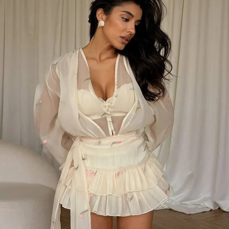 Elegant Printed Women's Dress Long Sleeve V-Neck Ruffle Waist-Closed Lady Mini Dresses 2026 Summer Female Vacation Robe New