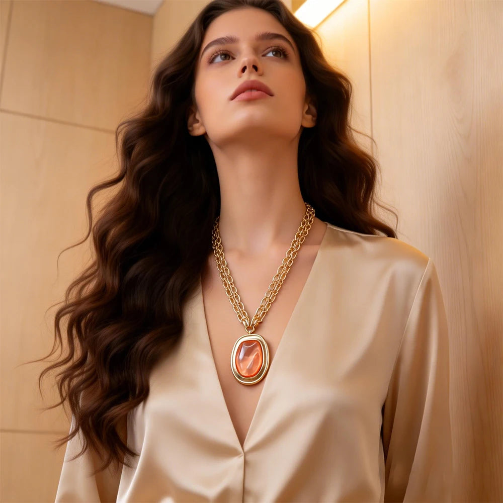 Peach Stone Layered Gold Chain Necklace (Modern Minimalist) Statement Jewelry Perfect For Brunch Date Stylish Outfits That Blend