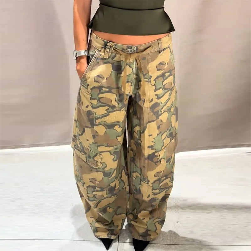 Camo Print Drawstring Waist Women Pants Wide Leg Loose Cut Drawstring Hem Relaxed Fit Casual Trouser Streetwear 2026 New Fashion