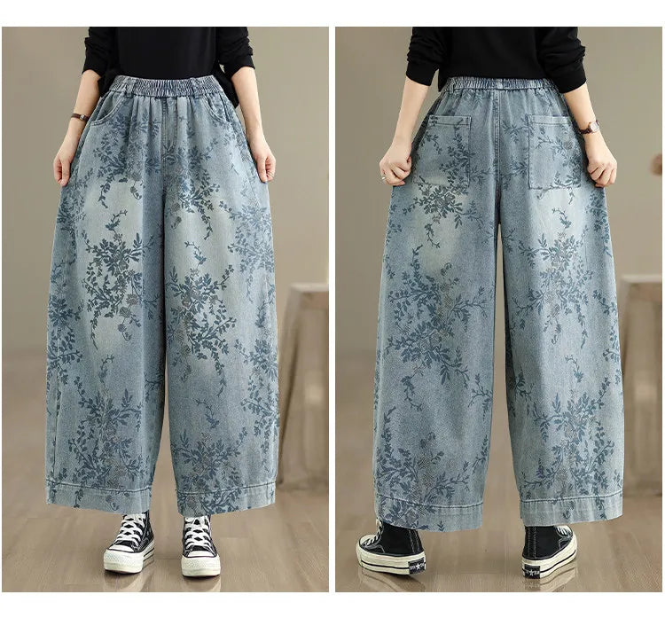 Spring Summer Retro Printed Denim Pants for Women Good Quality Elastic Waist Jeans Loose Casual Wide Leg Straight Trouser