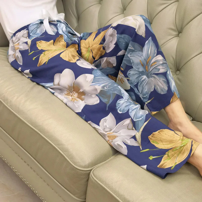 2025 Summer Sleeping Pants Women Thin Bottoms Spring Large Size Home Wear Pants Pajamas Flower Print Loose Cute Beach Trousers