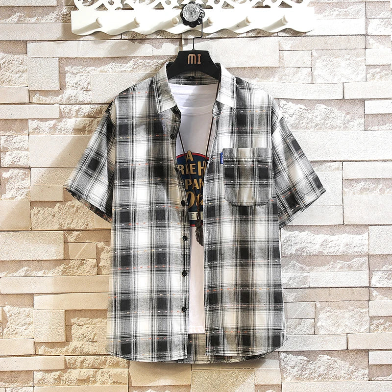 New Men's Shirts Casual Loose Designer Plaid Short Sleeve Shirts Mens Clothing Trend Social Mens Office Shirt Daily Work 5XL
