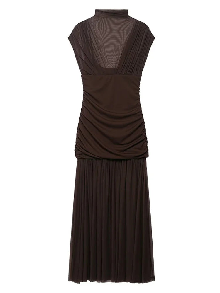 Tossy Black Mesh Fashion Maxi Dress For Women Sleeveless See-Through Patchwork Pleated Party Dress Female Autumn Long Dress 2025