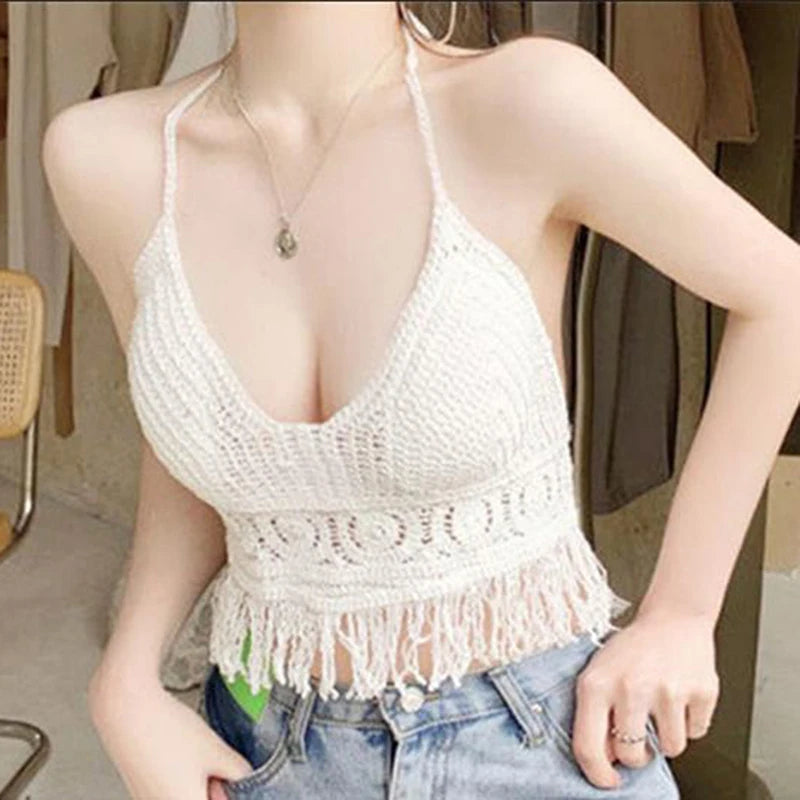 Sexy Boho Beach Vacation Camisole Women's Crochet Swimsuit Bra Halter Tank Top Hollow Fringe Cropped Tops Halter Neck Camisole