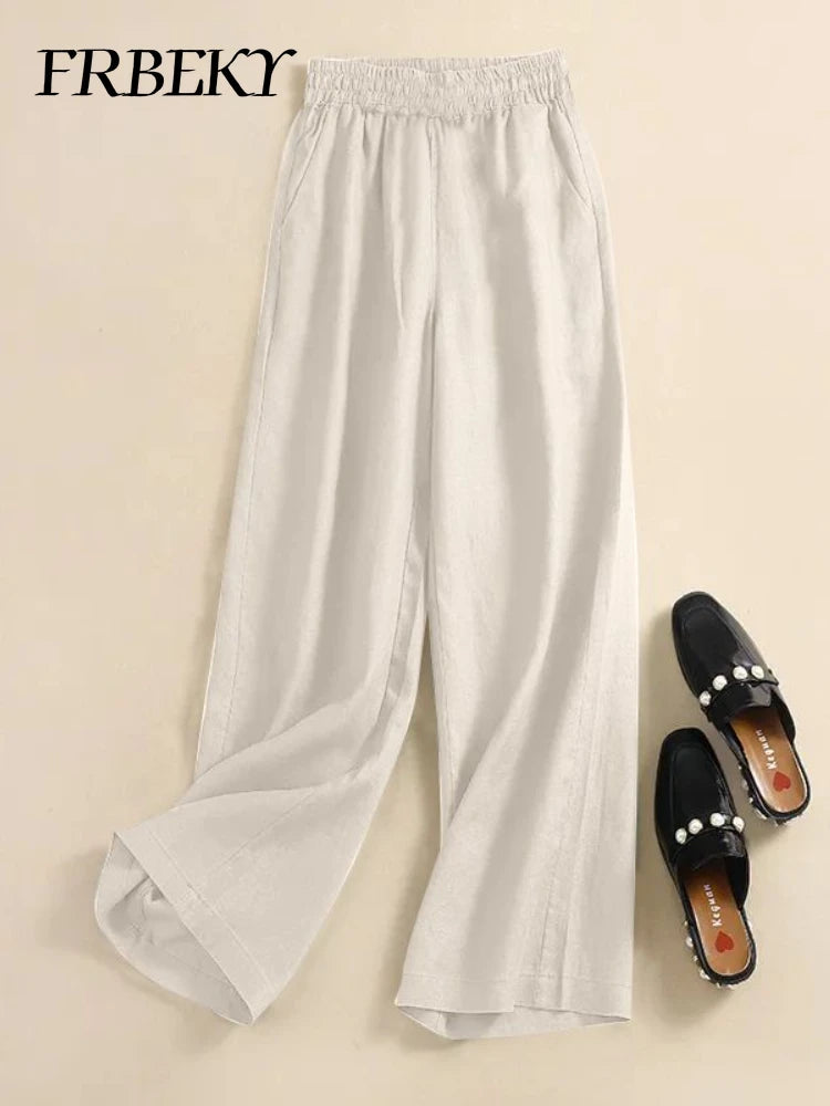 Women's Pants Summer Cotton Linen Wide-legged Elastic Waist Tie Casual Pants Loose Versatile High-waisted Straight Trousers