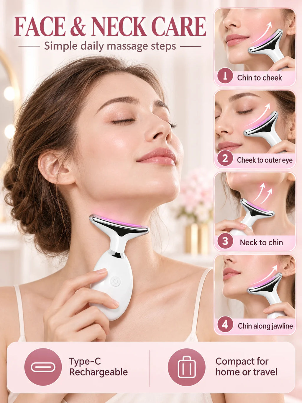 EMS Neck Massager Face Beauty Device T Shaped Neck Care Tool 3 Color Light Warm Care Ion Cleansing Rechargeable Skin Care
