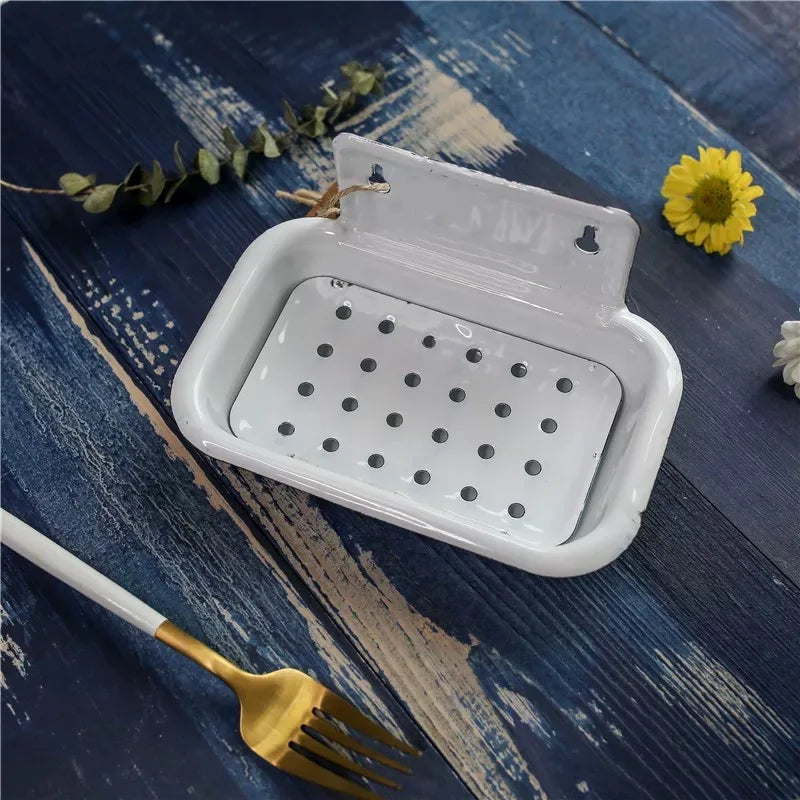 Vintage Enamel Soap Dish with Wall Mount, White, 6.1 X 3.9 X 3 Inches, Multiple Decorative Patterns