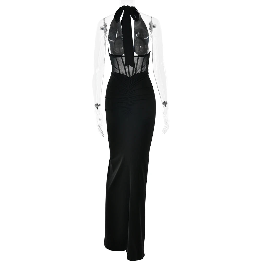 Articat Elegant Hanging Neck Elastic Tight Long Dress Women Sexy Deep V Slim Fishbone Party Club Evening Dress Fall New Vestidos
