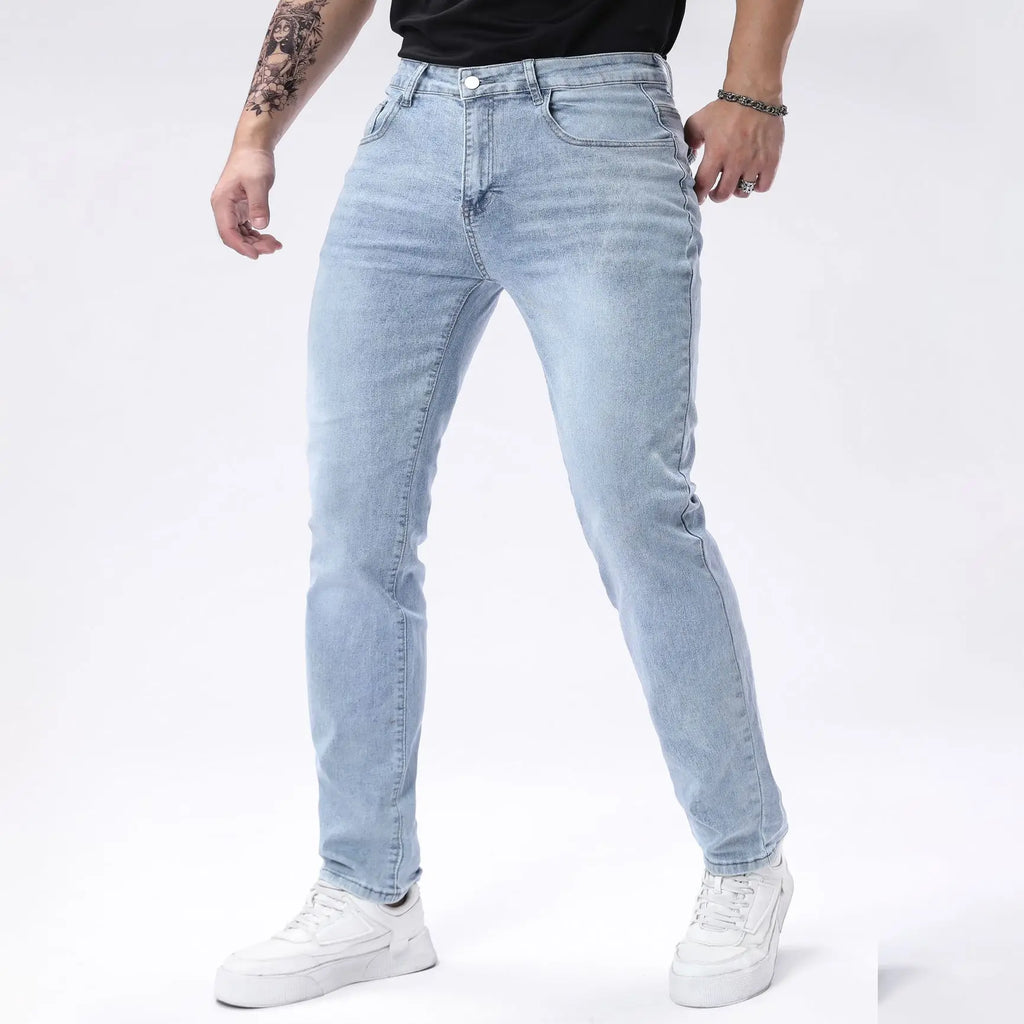 New Men's Four Seasons Jeans Elastic Denim Pants Look Slim and Slim Men's Jeans