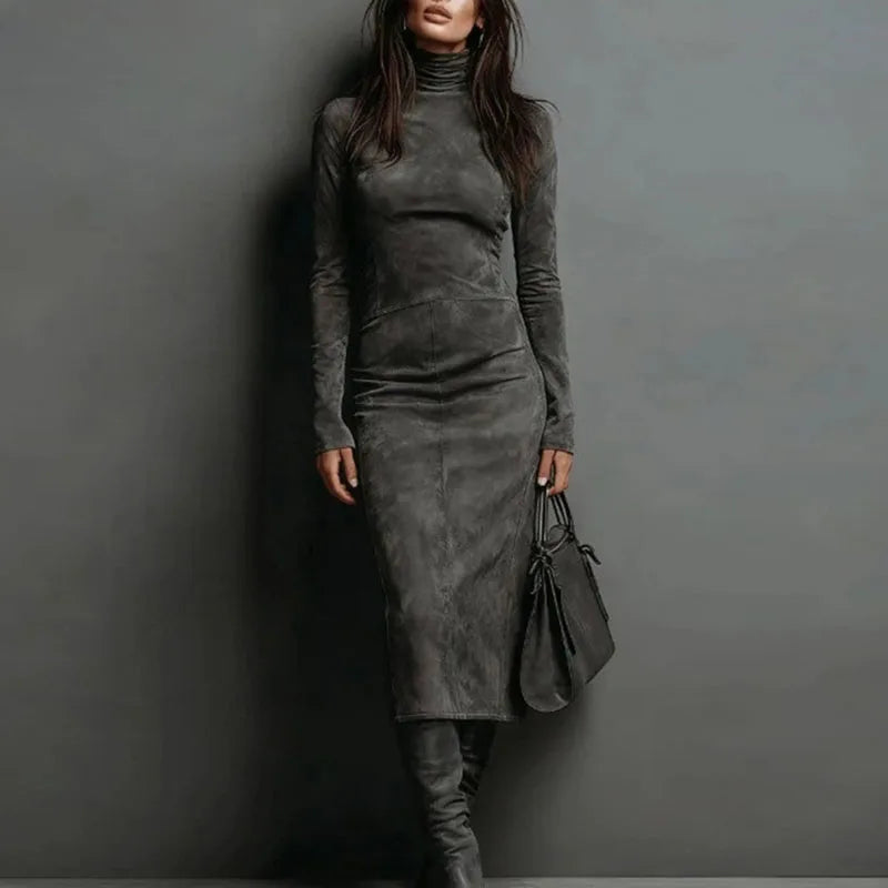 Retro Solid Suede Slim Fit Long Dresses Woman Fall Turtleneck High Waist Party Dress Winter Long Sleeve Pullover Female Clothing