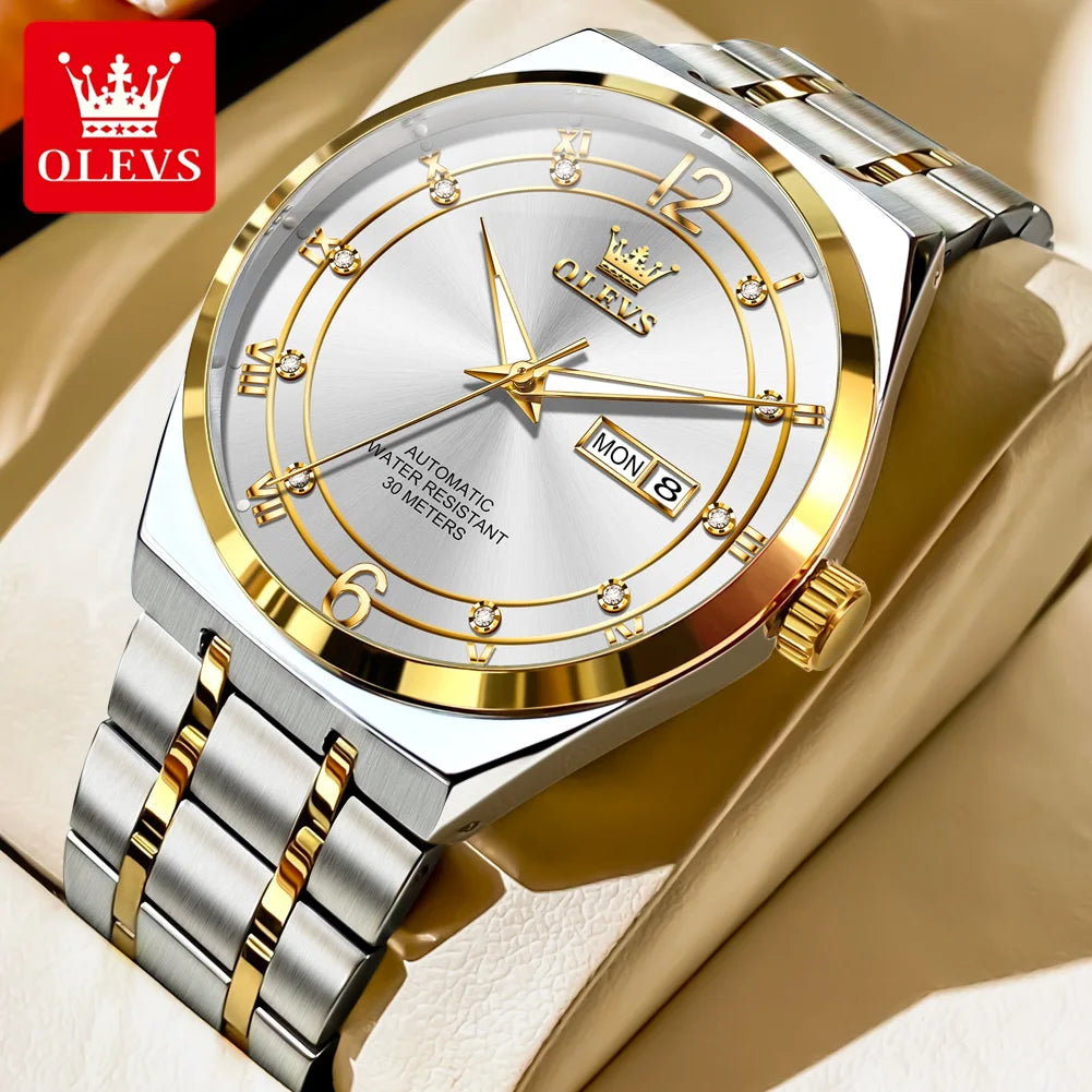 OLEVS 7068 Mens Watch Original Automatic Menchanical Wristwatch Waterproof Luminous For Men Sport Date Dual Calendar Design