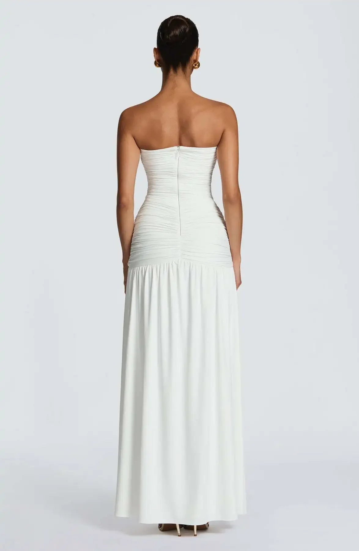 Women Elegant Deep V-neck Pleated Strapless Dress Chic Off-shoulder Backless Split Maxi Dresses 2026 Lady Evening Party Vestidos
