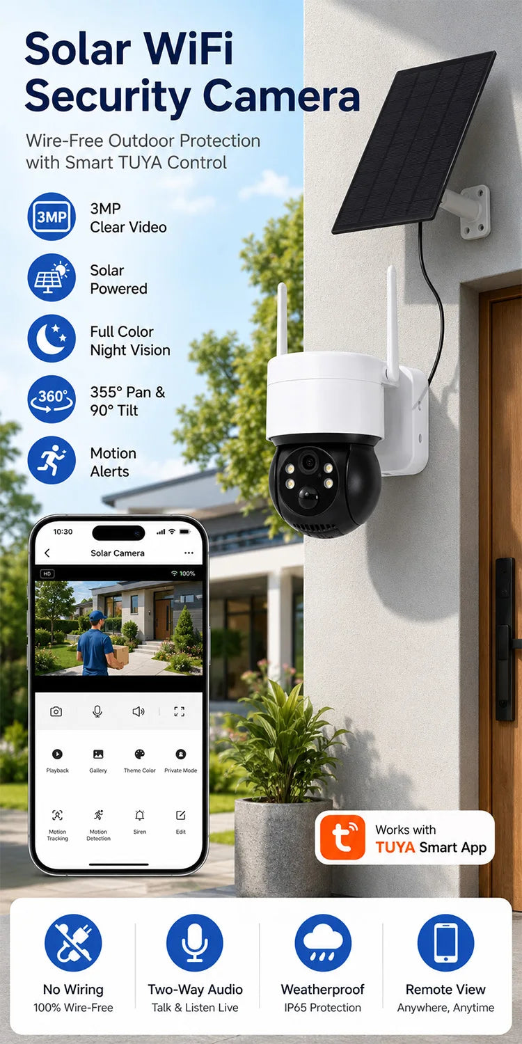 Solar WiFi Camera 3MP TUYA Smart Outdoor PTZ Security Camera Solar Powered 2-Way Audio Full Color Night Vision PIR Alerts IP66