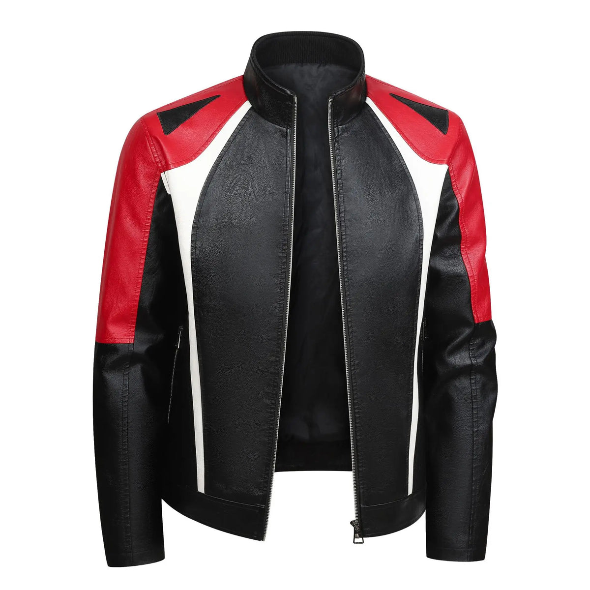 Men's Motorcycle Style Leather Jacket Slim Fit Windproof Stand Collar Red Black Biker Jacket Casual Moto Racing Coat