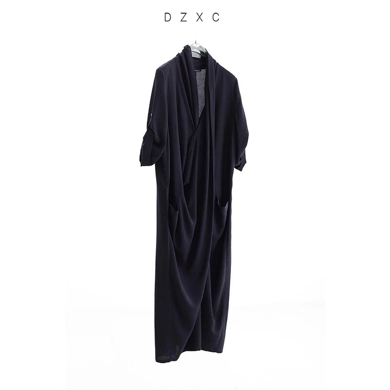 New Chinese-Style Dress~Draped Collar Navy Blue Pleated Dress, Summer Slimming and Elegant Long Dress for Women
