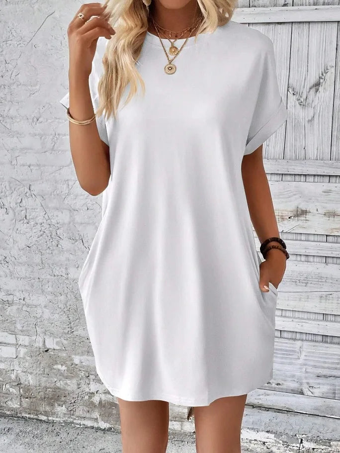 New women's spring and summer fashionable temperament casual commuting solid color round neck loose short sleeved pocket dress