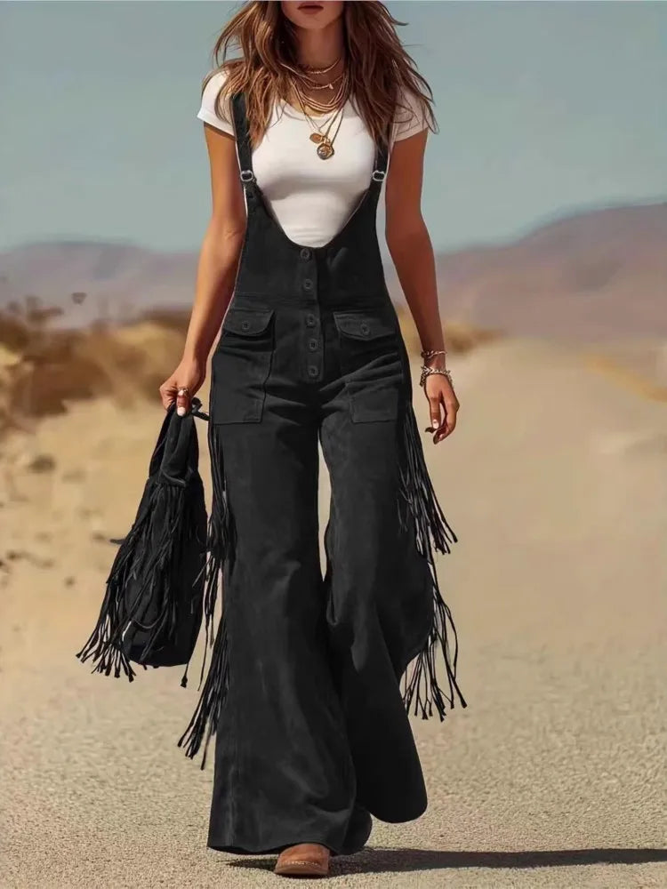 Women's Fashion Retro Western Tassel Wide Leg Jumpsuit 2026 New Casual Pocket Straps Female All-Match Rompers