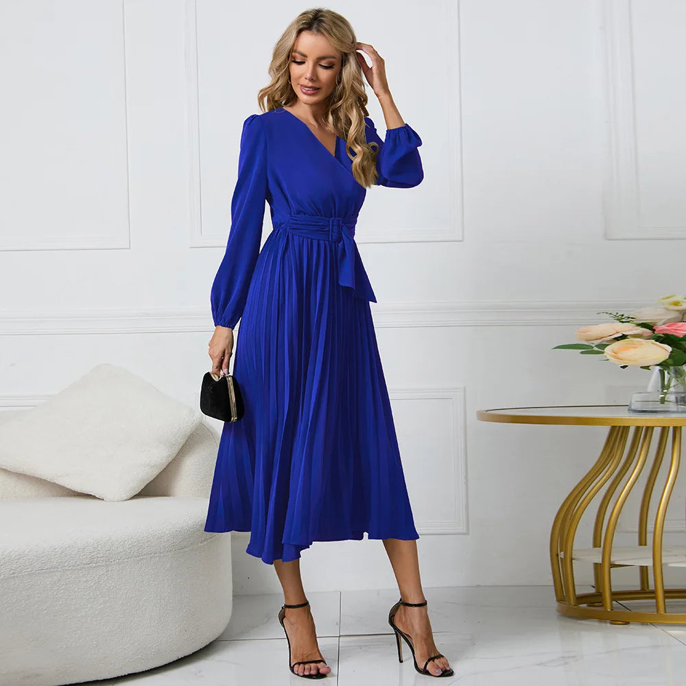 Elegant Women's Green Chiffon Autumn/Winter Long Sleeve Slim Fit Pleated Dress Fashion Women's V-neck Belt Party Dresses S-2XL