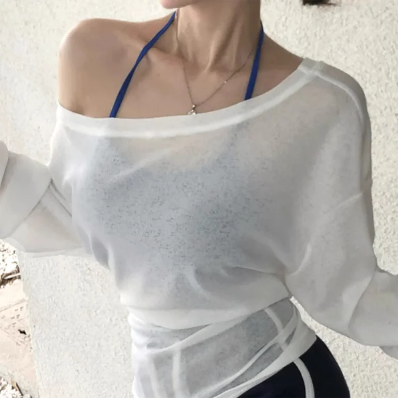 Sexy Thin See Through Long Sleeve Oversize T shirt Women Bandage Off Shoulder Top Female Basic Long Tee Shirt  Korean Chic Lady