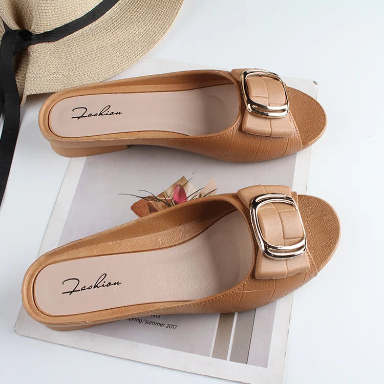 Summer Women Square Buckle Open-Toe Slippers Single Strap Flat Sandals Lady Solid Color Outdoor Beach Shoes Adult Casual Sandals
