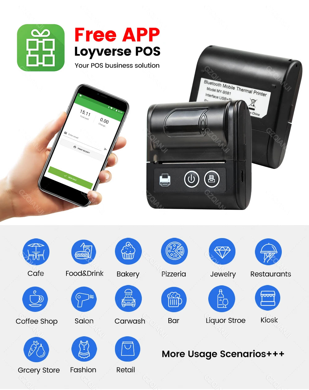 Mini Bluetooth Thermal Printer Wireless Protable 58mm Receipt Bill POS Printer Loyverse POS Free App on Android Small Business