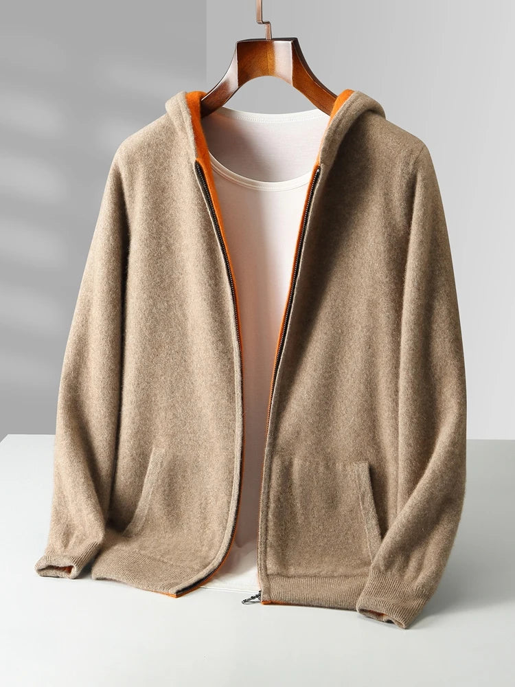 New Men's 100% Merino Wool Double Sided Wearable Hooded Sweater Casual Autumn Winter Coat Long Sleeved Men's Wool Sweater Tops