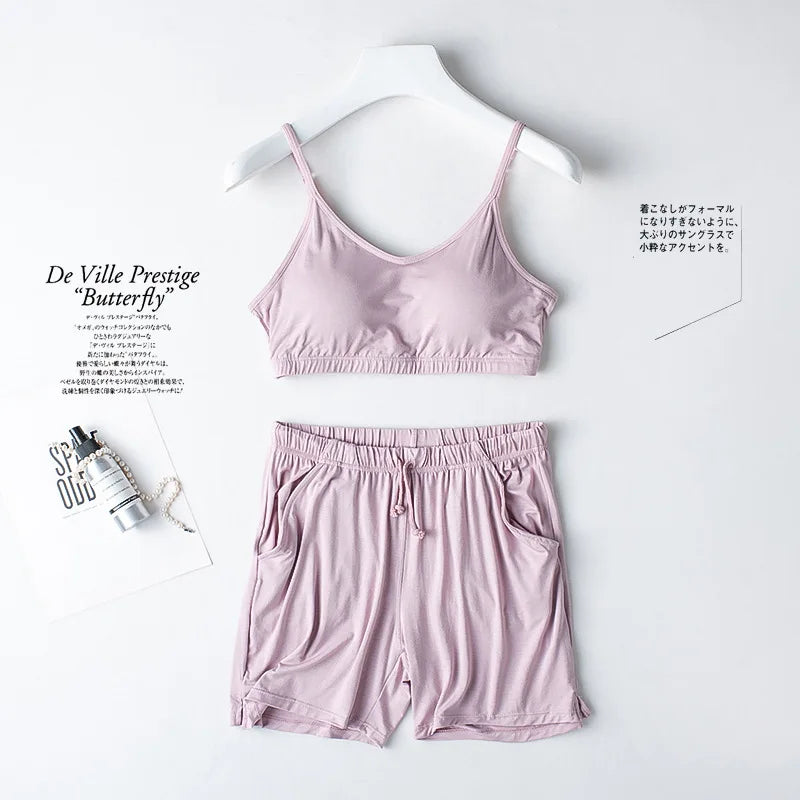 Spring/Summer Ladies Pajamas Sling + Shorts Modal With Chest Pad Solid Color Homewear Set Pajamas Sleepwear Lingerie