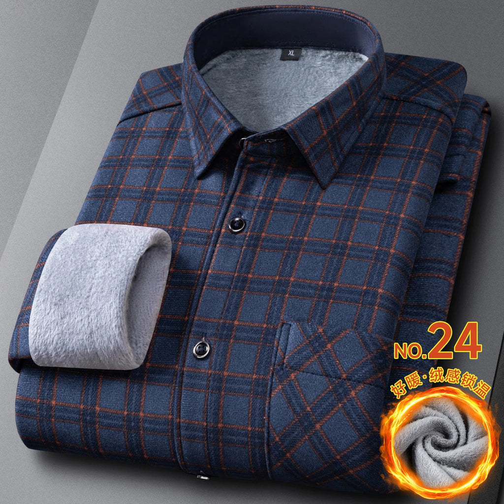 New In Tops Men's Thicken Flannel Fur Lined Shirts Autumn Winter Plus Sized Warm Long Sleeved Plaid Business Casual Slim Clothes